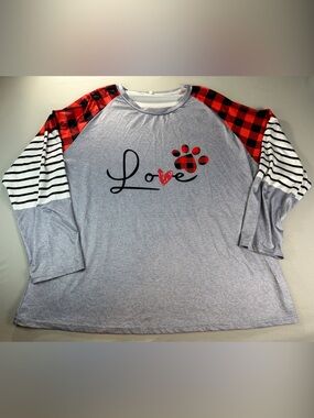 Women's Grey Long Sleeve Tee Dog Mom Red Buffalo Plaid Stripe Sleeves 3XL XXXL
